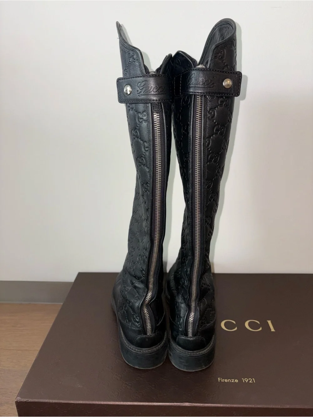 of Gucci Black Guccissima Soft Leather Knee-High Riding Boots Embossed GG